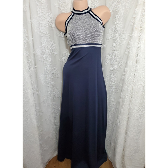 70's U.S.A. ILGWU UNION Long Maxi Dress MOD BLUE HALTER Formal Party SIZE 9 - Picture 2 of 9